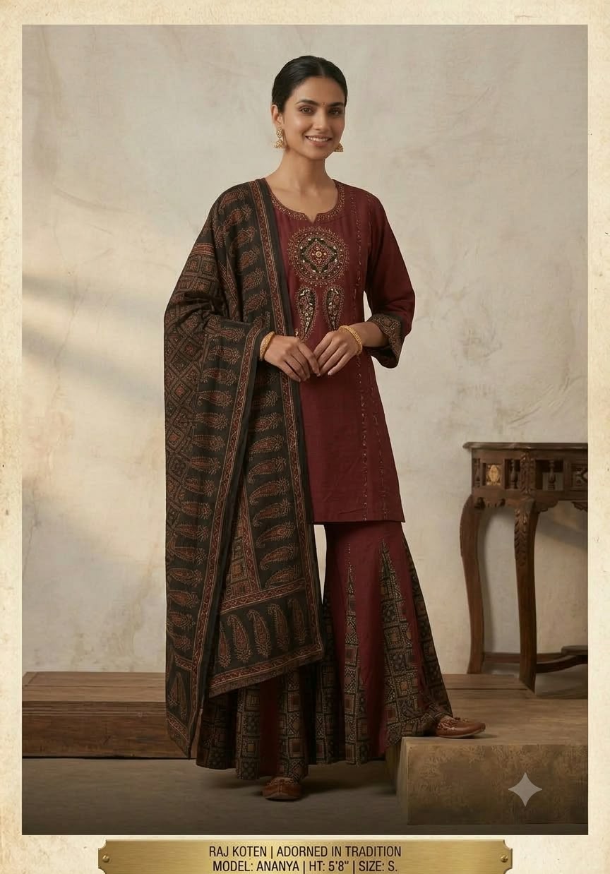 Maroom Women’s Maroon Embellished Kurta, Printed Gharara & Black Dupatta Set ...