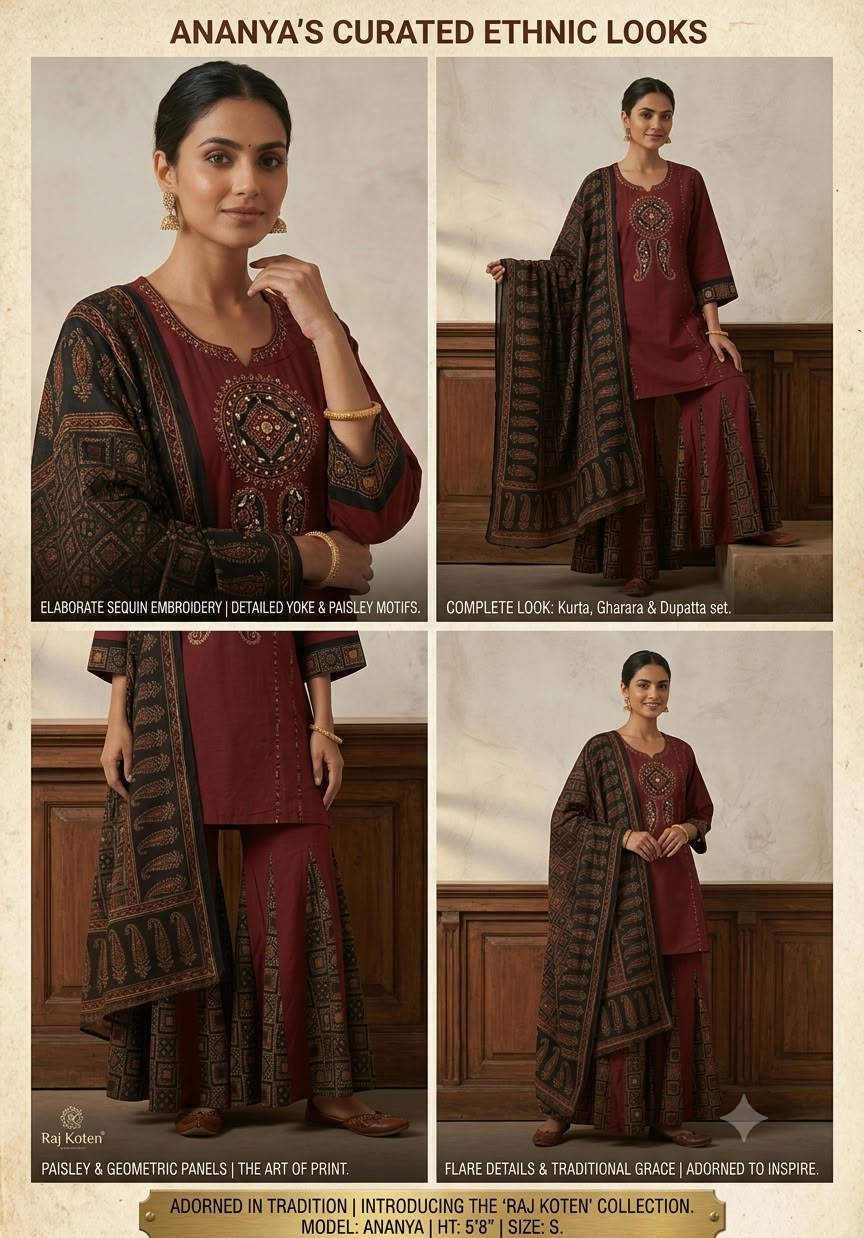 Maroom Women’s Maroon Embellished Kurta, Printed Gharara & Black Dupatta Set ...
